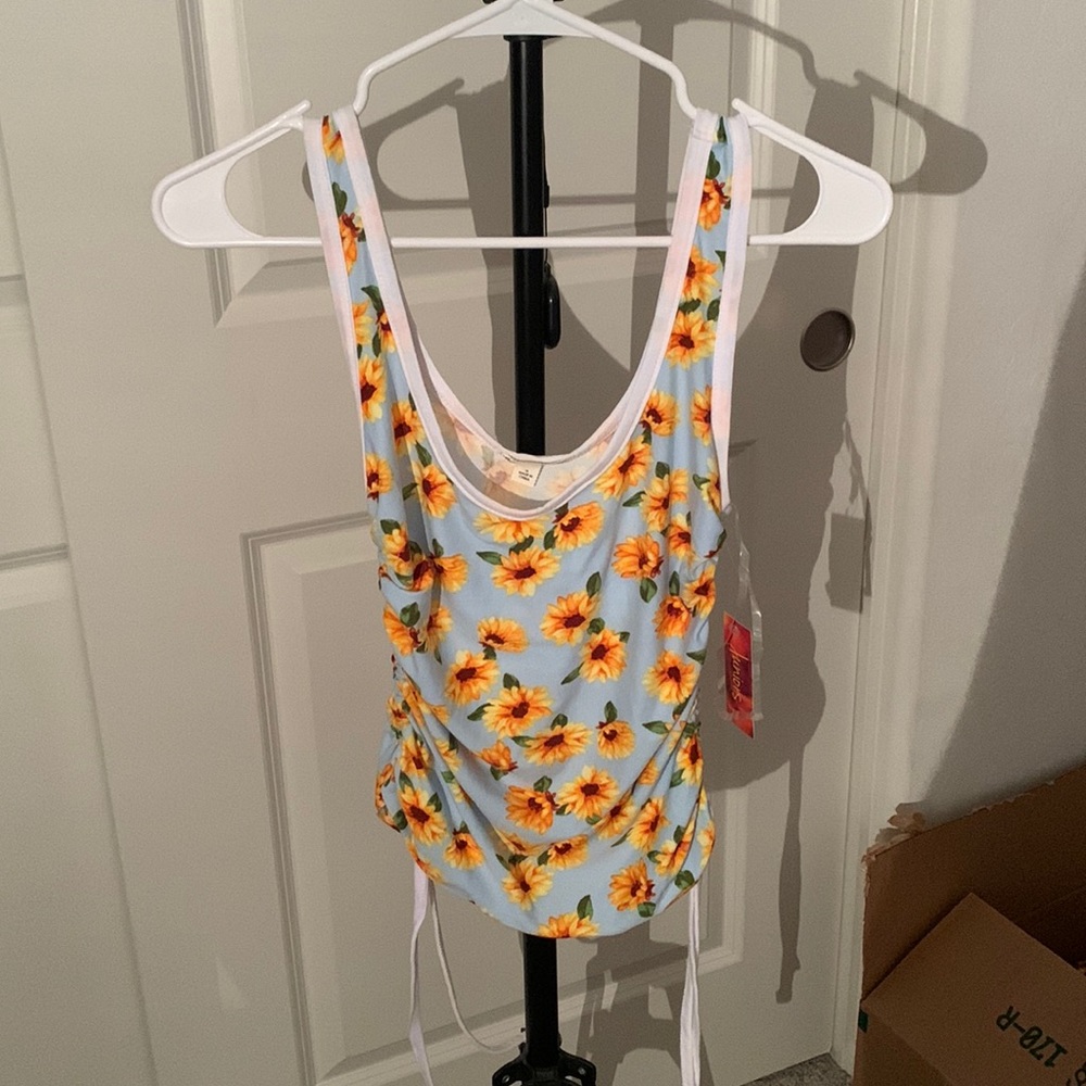 Light Blue Sunflower Tank Top with Cinch-up Sides